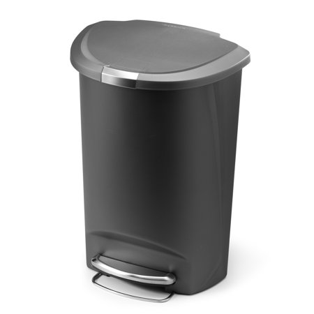 Grey semi-round step can with a sleek design, made of durable plastic, featuring a stainless steel foot pedal for hands-free operation and a lid that closes quietly.
