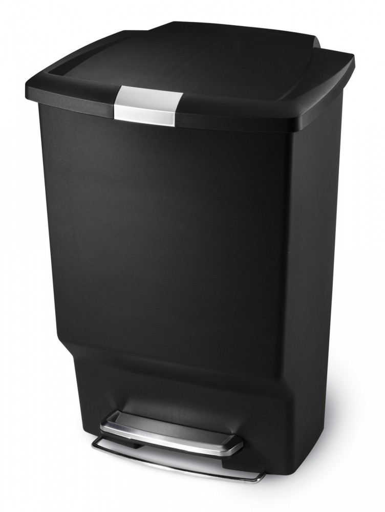 Rectangular 45L pedal bin in black plastic with a sleek design and a stainless steel foot pedal for hands-free operation.