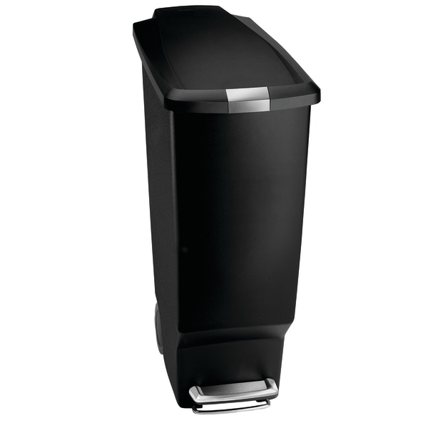 Slim black plastic trash can with a secure slide lock, 40 liters capacity, featuring a foot pedal for hands-free operation.