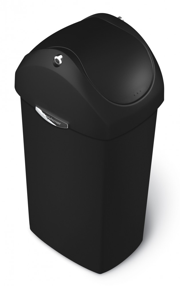 Black plastic 40L swing lid bin by Simplehuman features a sleek design with a curved top and a silver handle, ideal for modern waste management.