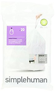 Clear plastic bag packaging containing 20 Simplehuman CW0166 Custom-Fit Can Liners, labeled "G" for 30L cans, with a purple design indicating size and fit.