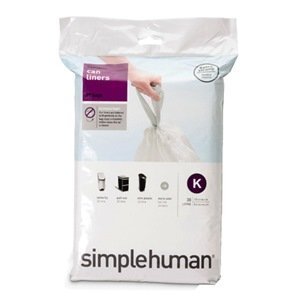 20-pack of Simplehuman custom fit trash can liners, Code K, featuring a white plastic design, packaged with a hand illustration and product details on the front.