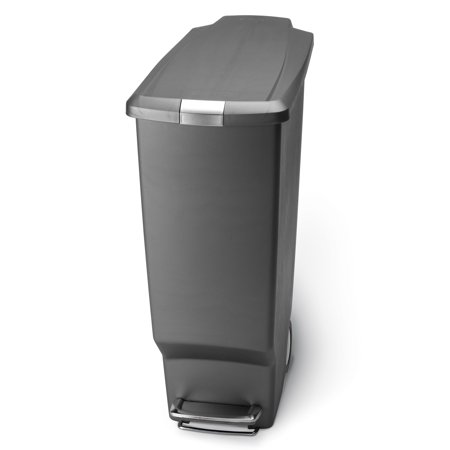 Grey slim plastic step can with a sleek design, featuring a foot pedal for hands-free opening and a 10-gallon capacity, ideal for modern kitchens.