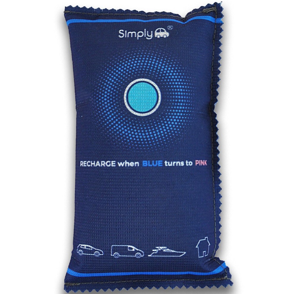 Blue fabric dehumidifier pouch with a circular indicator that changes from blue to pink, featuring icons of a car, van, boat, and house, highlighting its eco-friendly and reusable design.
