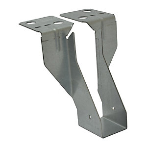 Silver metal joist hanger with a 250 mm x 75 mm size, featuring two angled sides and multiple mounting holes for secure installation.