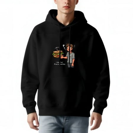 Black men's hoodie featuring a cartoon character with a confused expression holding a sandwich, with "I'm Pro Pro" text on the front pocket.
