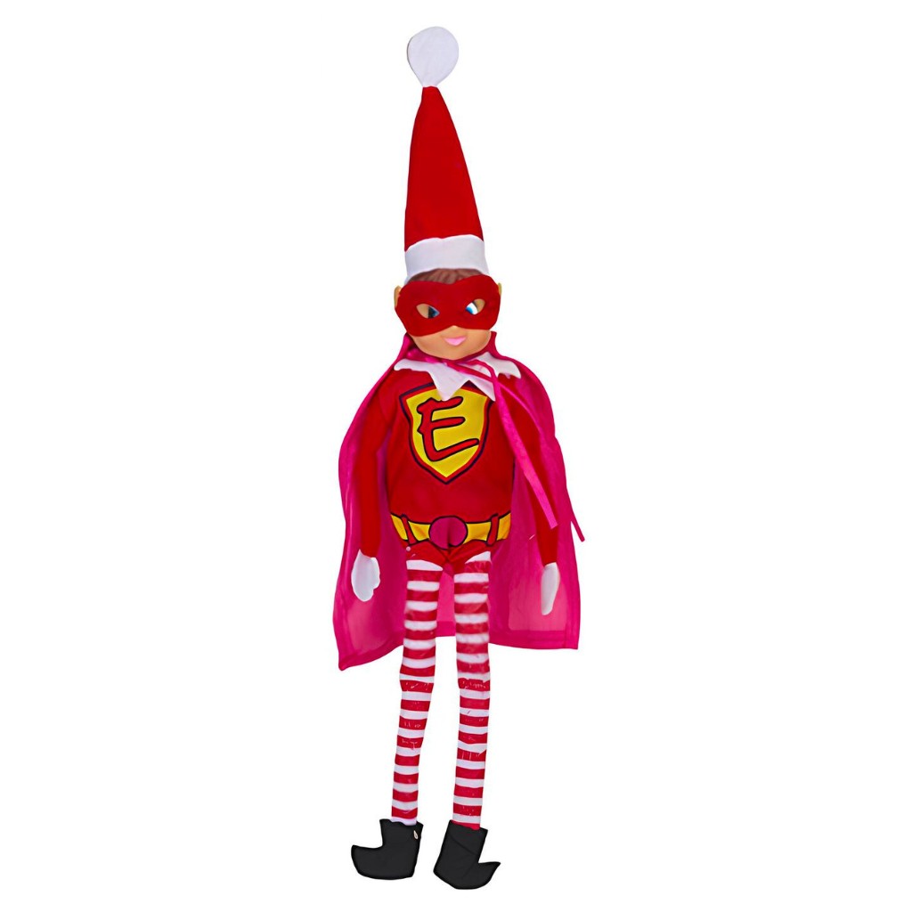 A vibrant red and pink superhero elf outfit featuring a cape, mask, striped leggings, and a pointed hat topped with a white pom-pom, designed for festive fun.