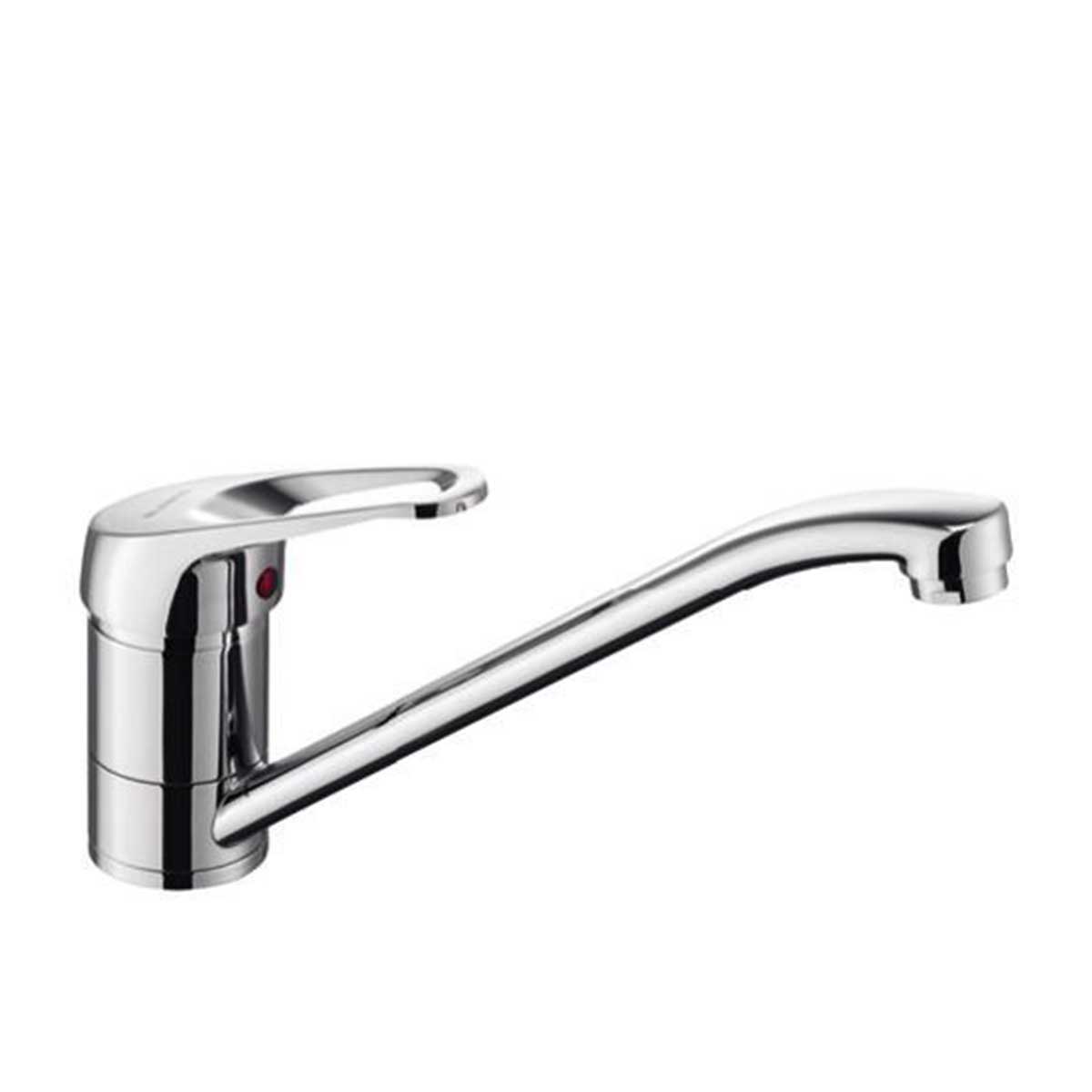 Single lever tap in polished chrome finish, featuring a sleek design with a curved spout and a red indicator for hot water, ideal for modern kitchens.