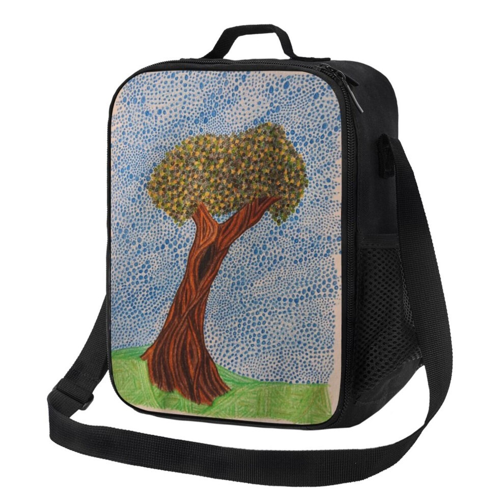 Insulated black lunch bag featuring a colorful drawing of a lone tree against a blue sky, with a sturdy handle and adjustable strap for easy carrying.