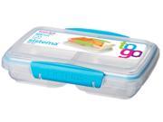 Small split food snack container by Sistema, 350 ml capacity, featuring a clear plastic body, blue clips, and a divided interior for separate food storage; color may vary.
