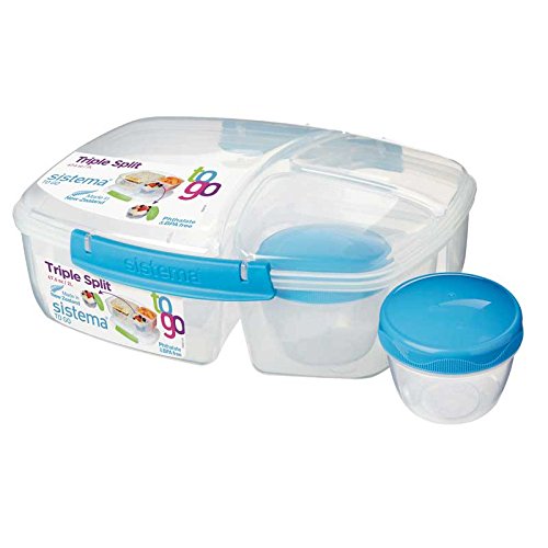 Transparent plastic lunch box with blue accents, featuring three compartments and a separate yoghurt pot, designed for easy meal organization and portability.