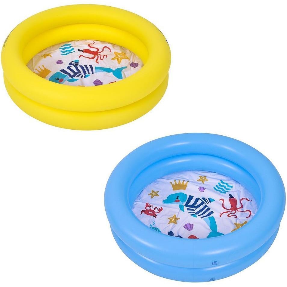 Bright yellow and blue inflatable pool with two rings, featuring a colorful underwater-themed interior with sea creatures and playful designs.
