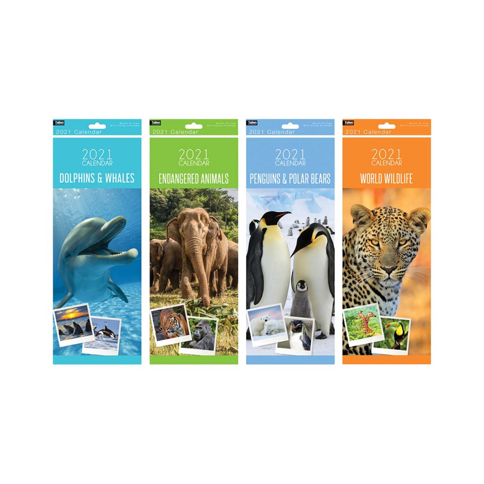 Four colorful 2021 calendars titled "Dolphins & Whales," "Endangered Animals," "Penguins & Polar Bears," and "World Wildlife," featuring vibrant images of wildlife on each cover.