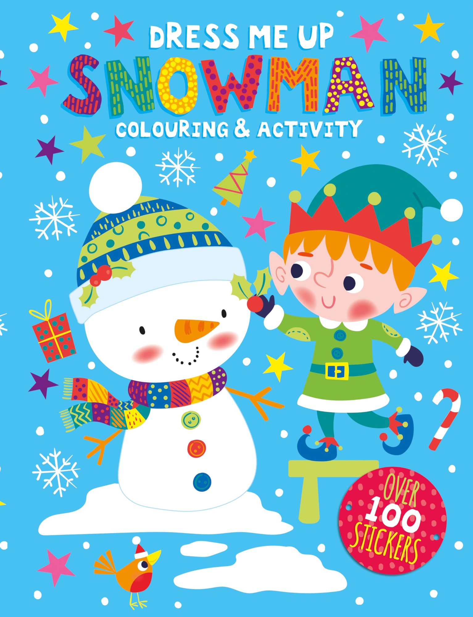 Colorful children's activity book featuring a cheerful snowman with a carrot nose, wearing a blue hat and scarf, alongside a playful elf in a green outfit, surrounded by festive decorations and stickers.