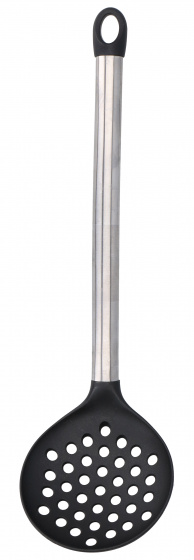 A 35.5 cm slotted spoon with a stainless steel handle and a black, perforated head, designed for easy draining and serving.