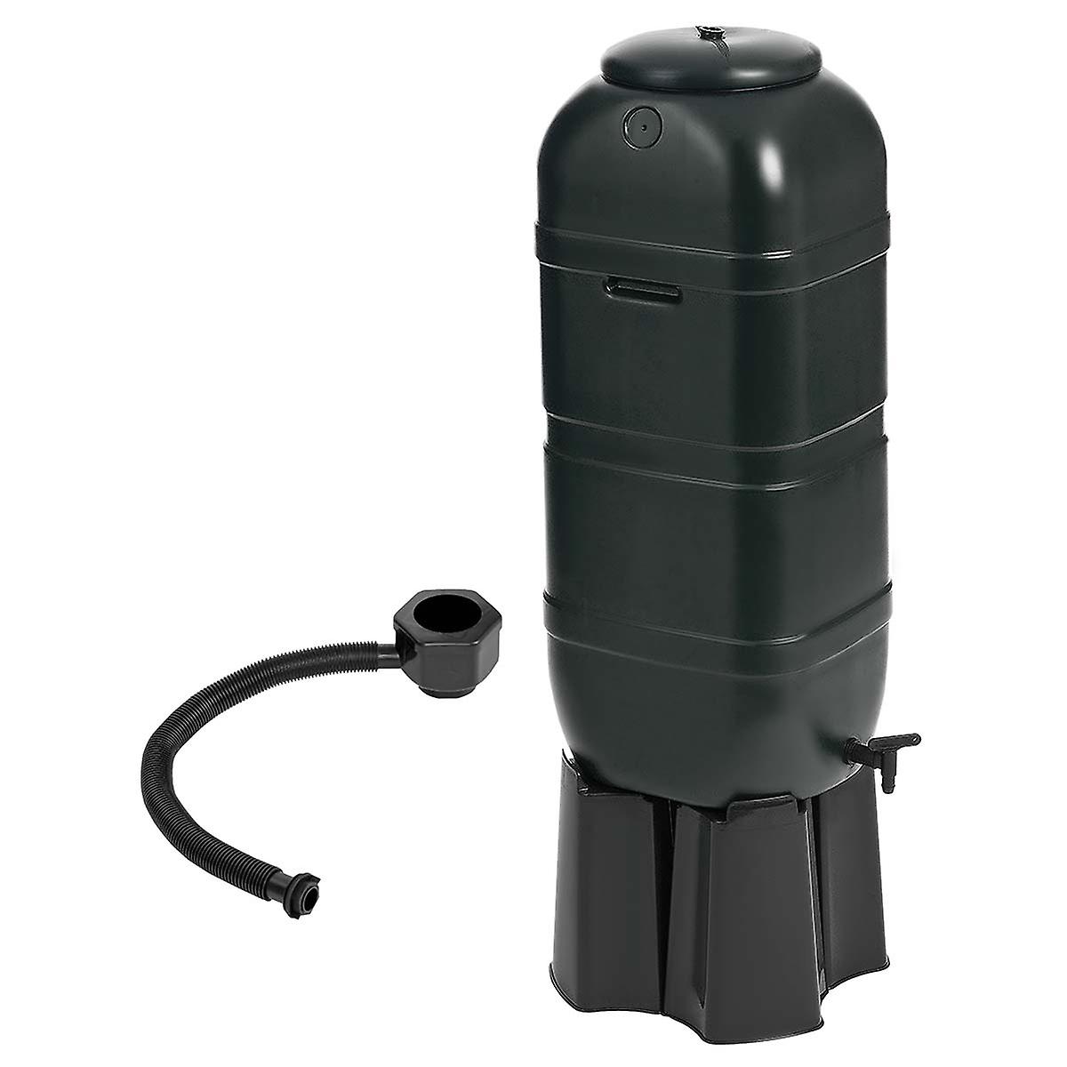 Dark green plastic 100L garden water butt with a round shape, featuring a tap at the bottom, a stand for stability, and a filler kit for easy water collection.