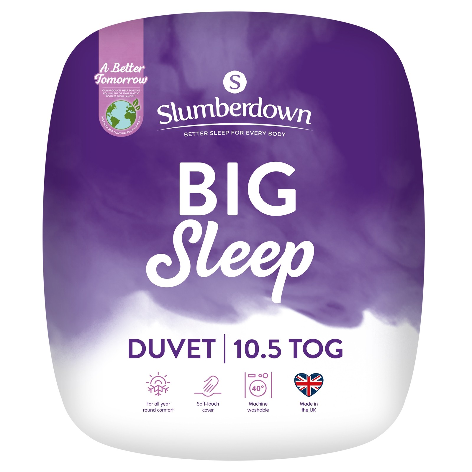 Slumberdown Big Sleep 10.5 Tog Duvet in a purple and white packaging, featuring soft-touch material, machine washable, and designed for year-round comfort.