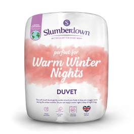 White Slumberdown Warm Winter Nights 13.5 Tog duvet, packaged with a soft, textured finish, labeled "perfect for Warm Winter Nights," designed for a super king bed size.
