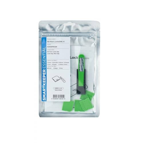 Green plastic port blocker SD card set by SmartKeeper, featuring multiple small blockers in a transparent packaging with a silver backing, labeled with product details.