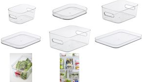 Clear modular storage bins in various sizes, featuring open handles for easy access, ideal for organizing kitchen items and maximizing space.