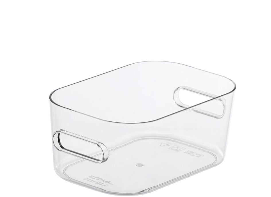 Transparent compact storage box with a 600 ml capacity, featuring rounded corners and two side handles for easy carrying.