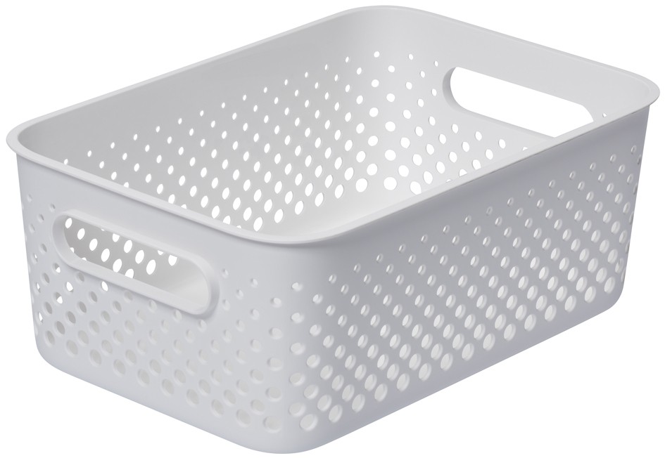 White plastic organiser tray with perforated design, featuring two cut-out handles, measuring 5.6L, ideal for storage and organization.