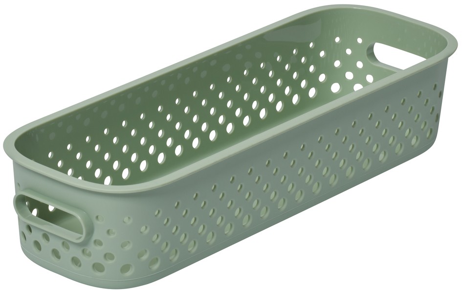 Green slim storage basket by SmartStore, made of durable plastic with a perforated design and two side handles for easy carrying.