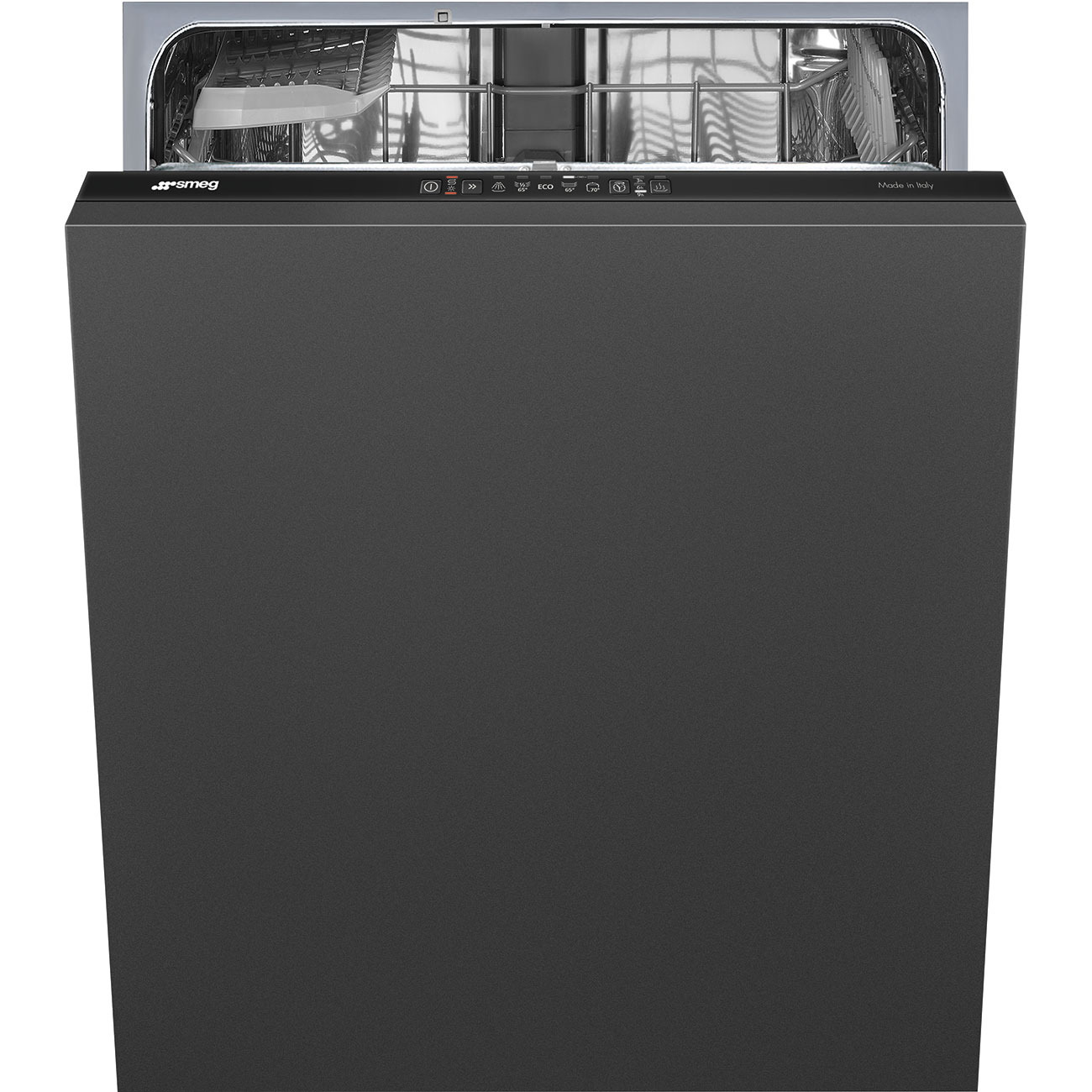 Smeg D1211DS fully integrated dishwasher in sleek black finish, featuring a stainless steel interior, control panel on top, and space for 13 place settings.