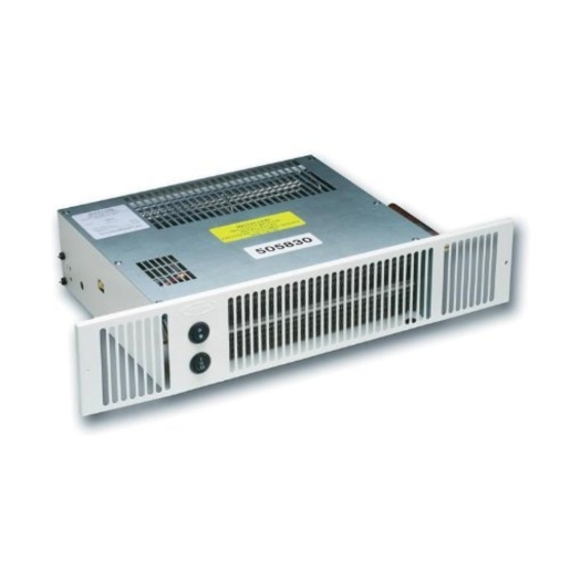Smiths 2kW Electric Kitchen Plinth Heater in brushed steel effect with white front grille, designed for rooms up to 29 cubic metres, featuring two control knobs.