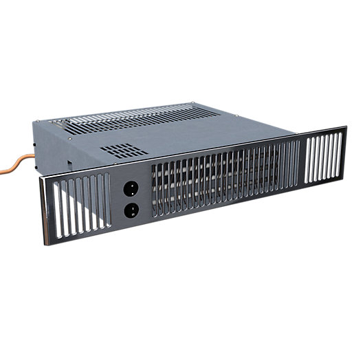 Smiths Space Saver SS3 Hydronic Plinth Heater features a stainless steel grille, a sleek grey body, and dual outlets, designed for efficient heating without hoses.