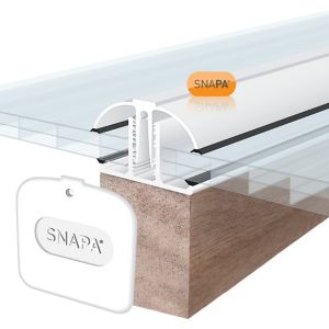 White Snapa Lean-to Bar with various sizes (10, 16, 25, 32, & 35mm) and end cap, designed for securing clear panels, showcasing a sleek plastic design.