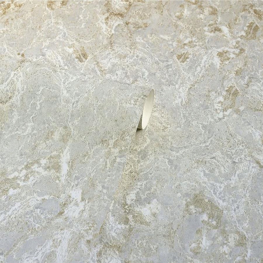 Neutral marble patina wallpaper featuring a soft grey and beige color palette with a textured, swirling pattern that mimics natural stone.