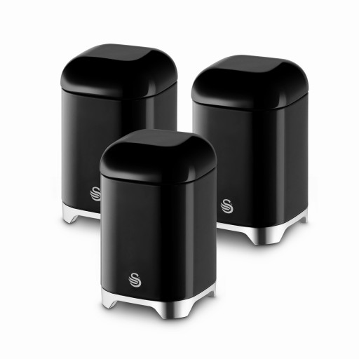 Set of three black canisters with a sleek, rounded lid and silver base, featuring the Swan logo on the front for stylish storage solutions.