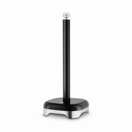 Swan's Solace Towel Pole features a sleek black metal design with a shiny chrome base and a decorative ball finial at the top, ideal for stylish towel storage.