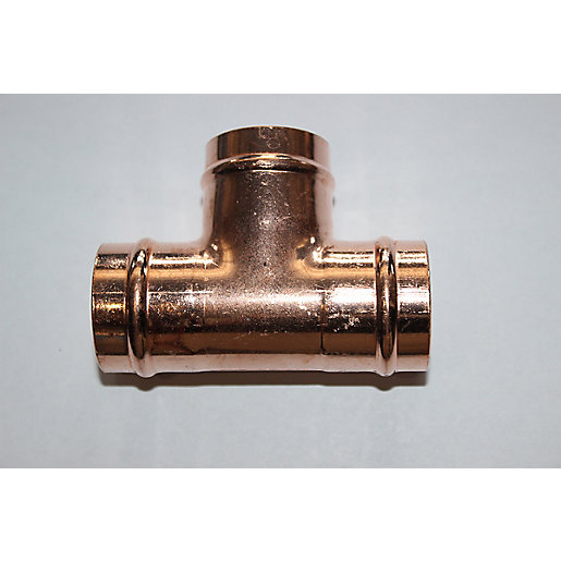 Copper solder ring fitting in a 35 mm equal tee design, featuring a shiny, smooth surface with two solder rings and a central branch for plumbing connections.