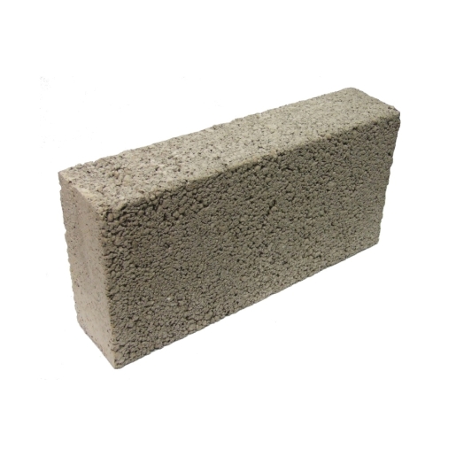 Solid medium density concrete block in light gray, measuring 100mm thick, featuring a textured surface with small aggregate particles visible throughout.