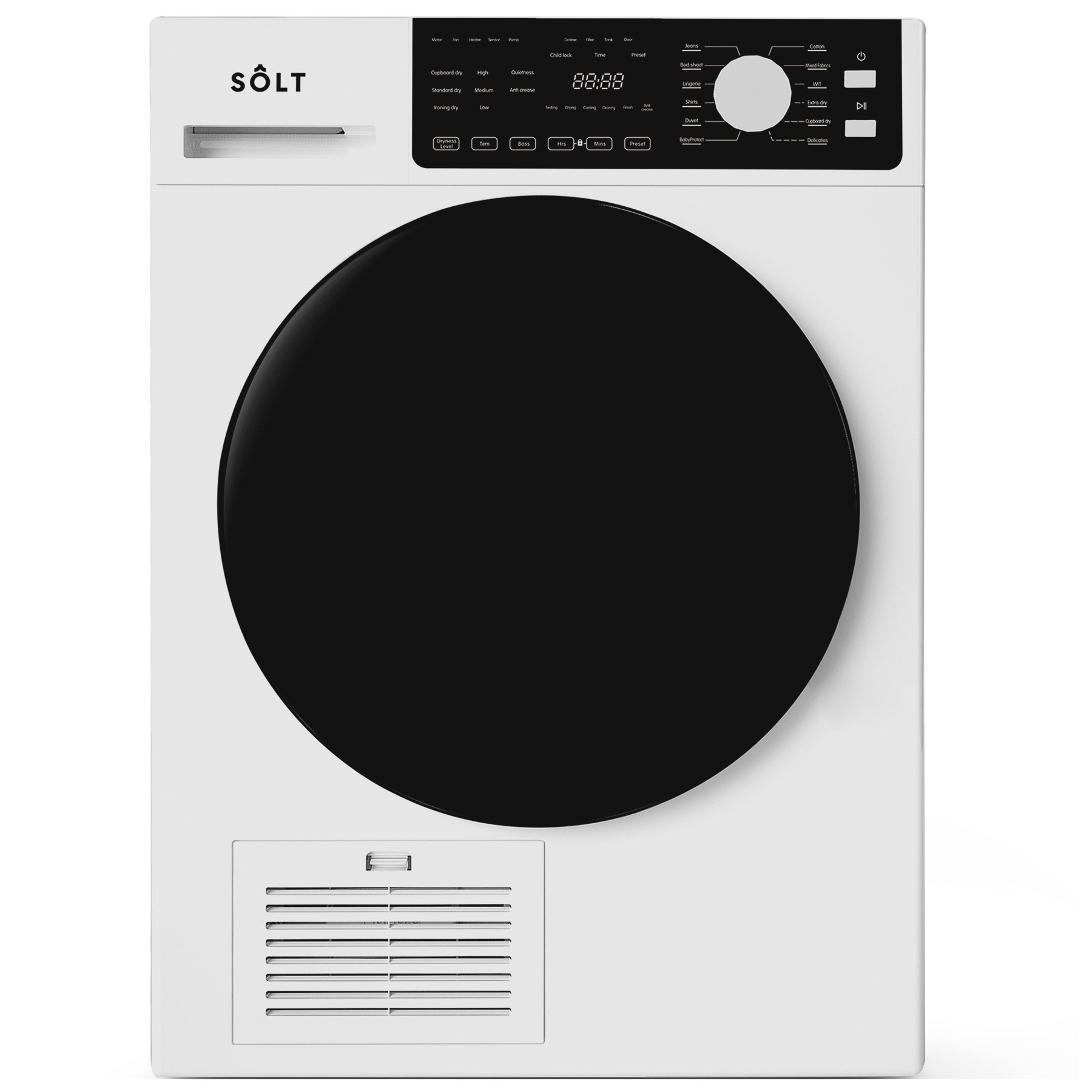 White condenser tumble dryer with a large black door, digital control panel featuring buttons and a display, and a vent at the bottom for efficient drying.