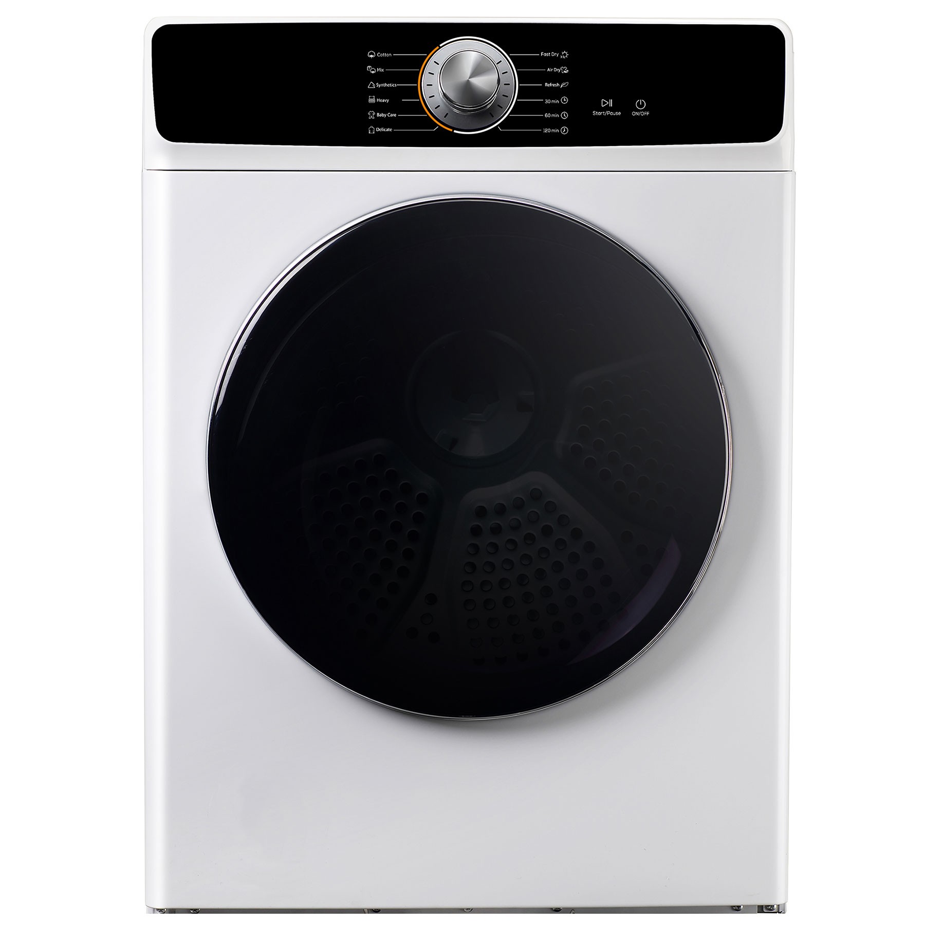 White vented dryer with a large black circular door, digital control panel at the top featuring a dial and buttons, and a sleek modern design.