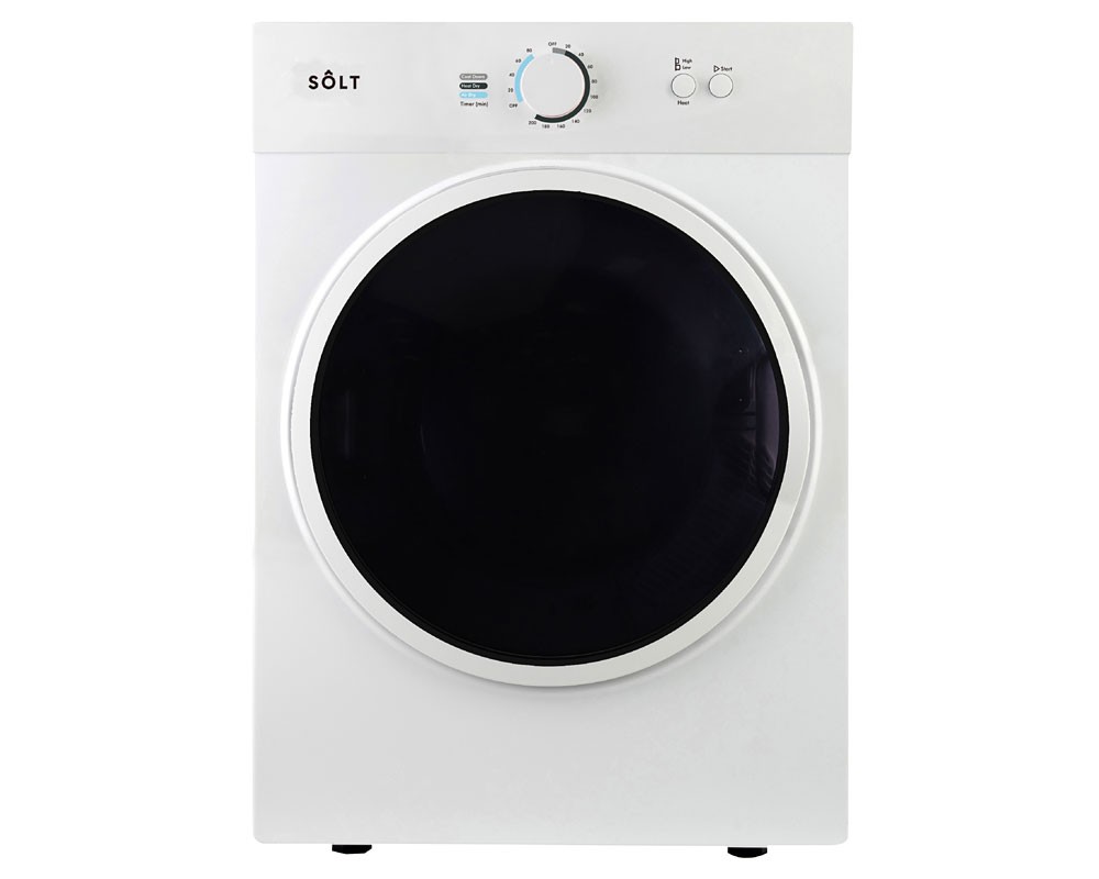 White vented tumble dryer with a large black door, control panel featuring a dial and buttons, and the brand name "SŌLT" displayed at the top.