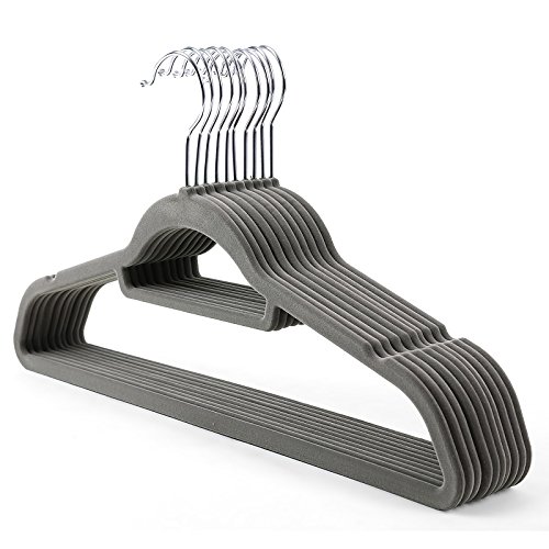 Grey non-slip velvet hangers with a ribbed design and chrome hooks, designed for secure clothing storage, sold in a set of 20.
