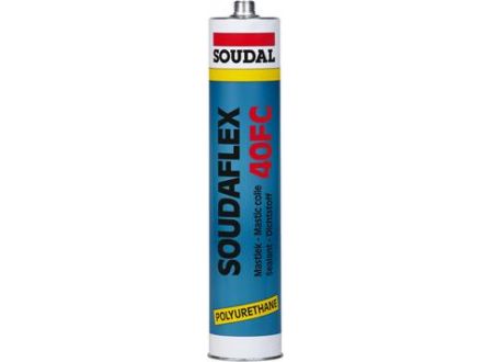 Grey 310ml tube of Soudal's Fibre Glass Sudaflex Mastic 40FC, featuring bold blue and yellow branding with clear product details and a metal nozzle.