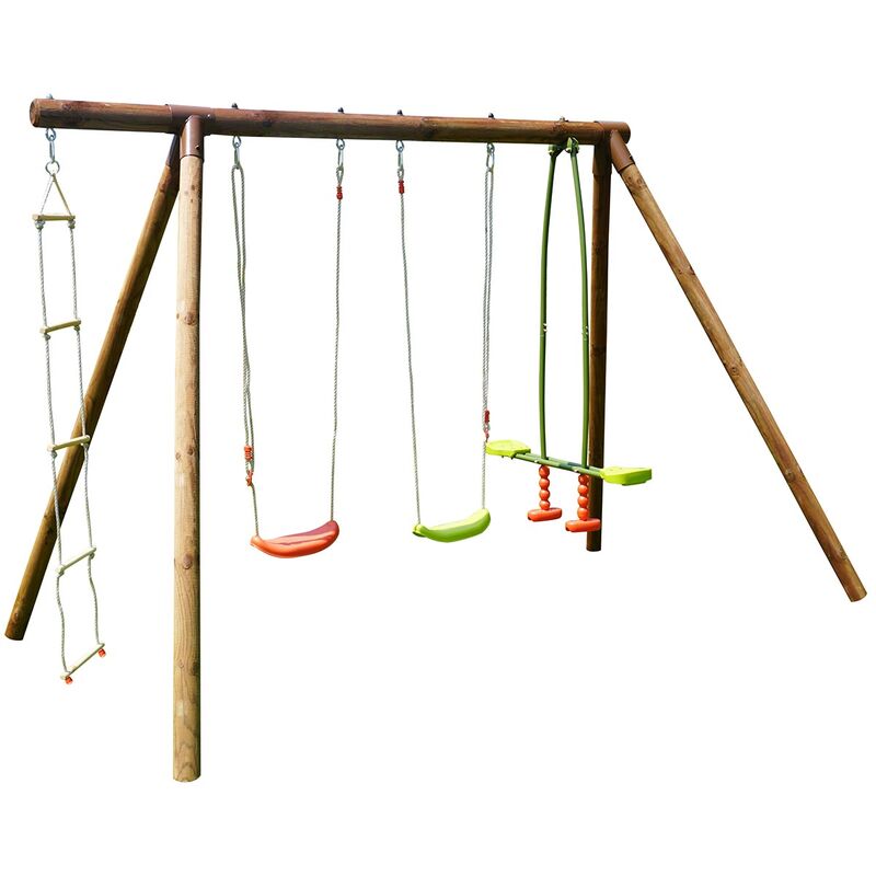 Wooden playset with four attachments, featuring two orange swings, one green swing, a climbing rope, and a multi-colored climbing frame, supported by sturdy brown wooden beams.