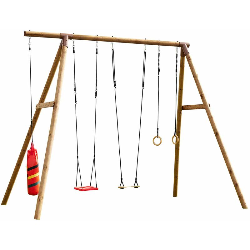 Wooden swing set with four attachments: a red and yellow punching bag, a red swing, a wooden seat, and two rings, featuring a sturdy frame made of treated wood.