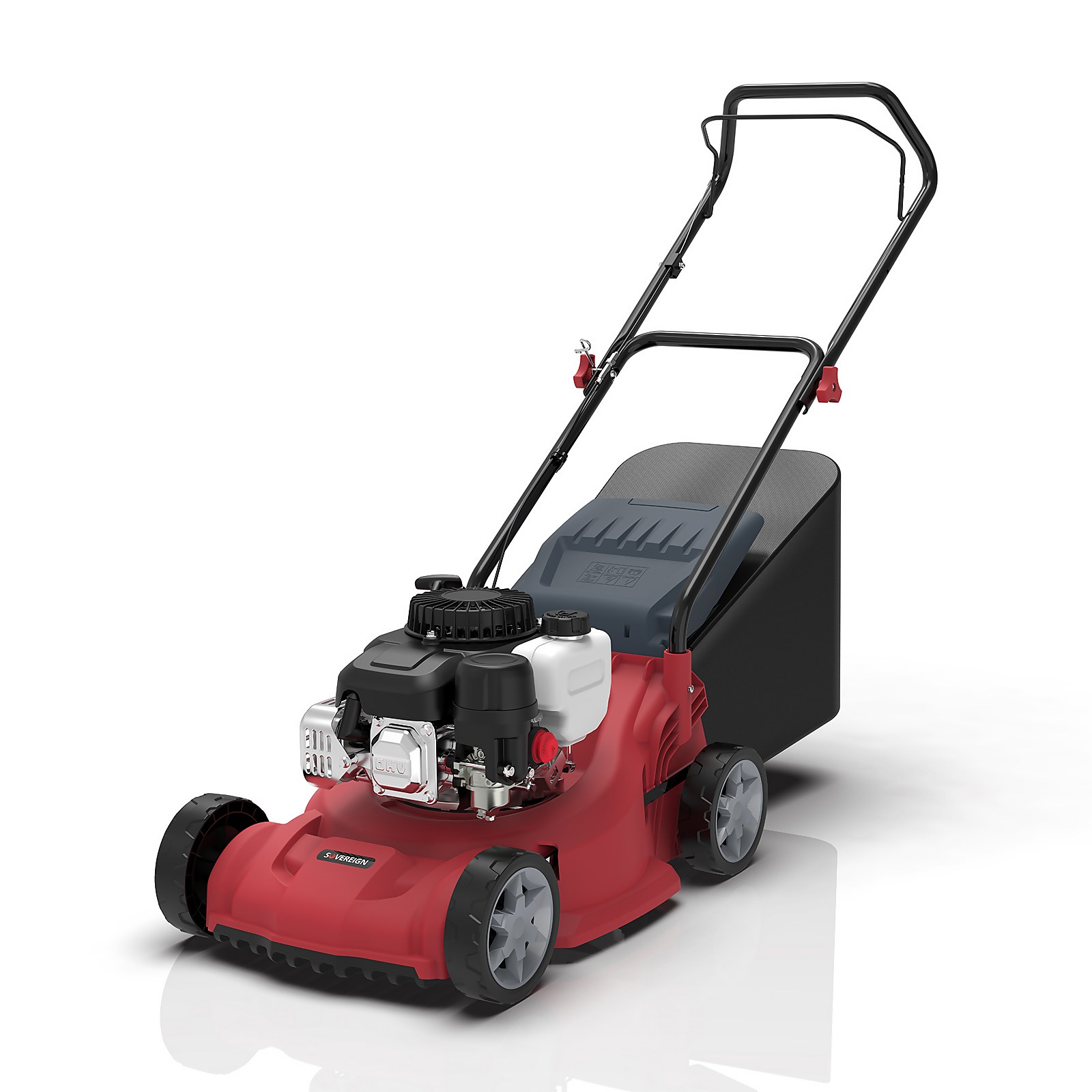 Red petrol lawn mower with a 40cm cutting width, featuring a black grass collection bag, a sturdy handle, and a powerful 132cc engine.