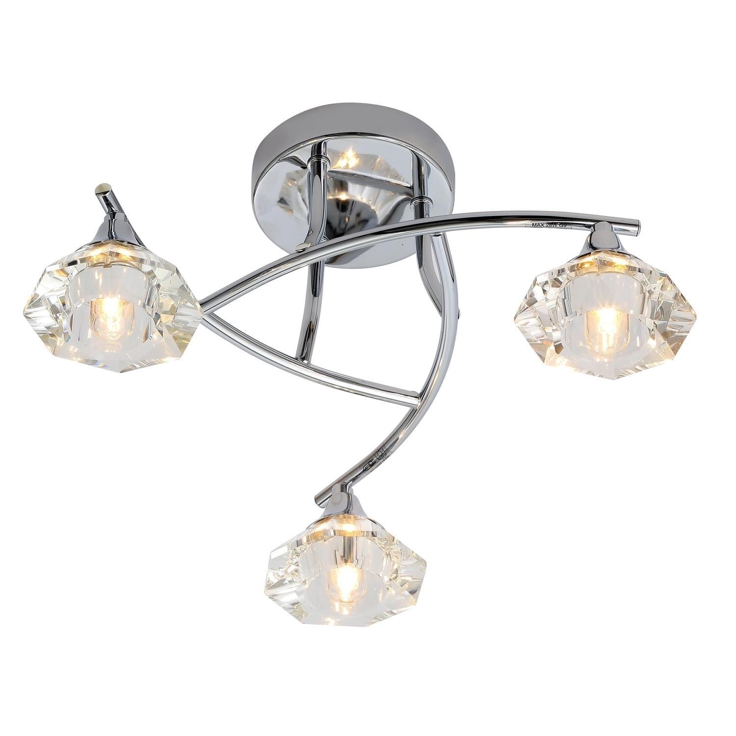 Three-light bathroom ceiling light featuring a sleek chrome finish and elegant crystal shades, designed with curved arms for a modern look, rated IP44 for moisture resistance.