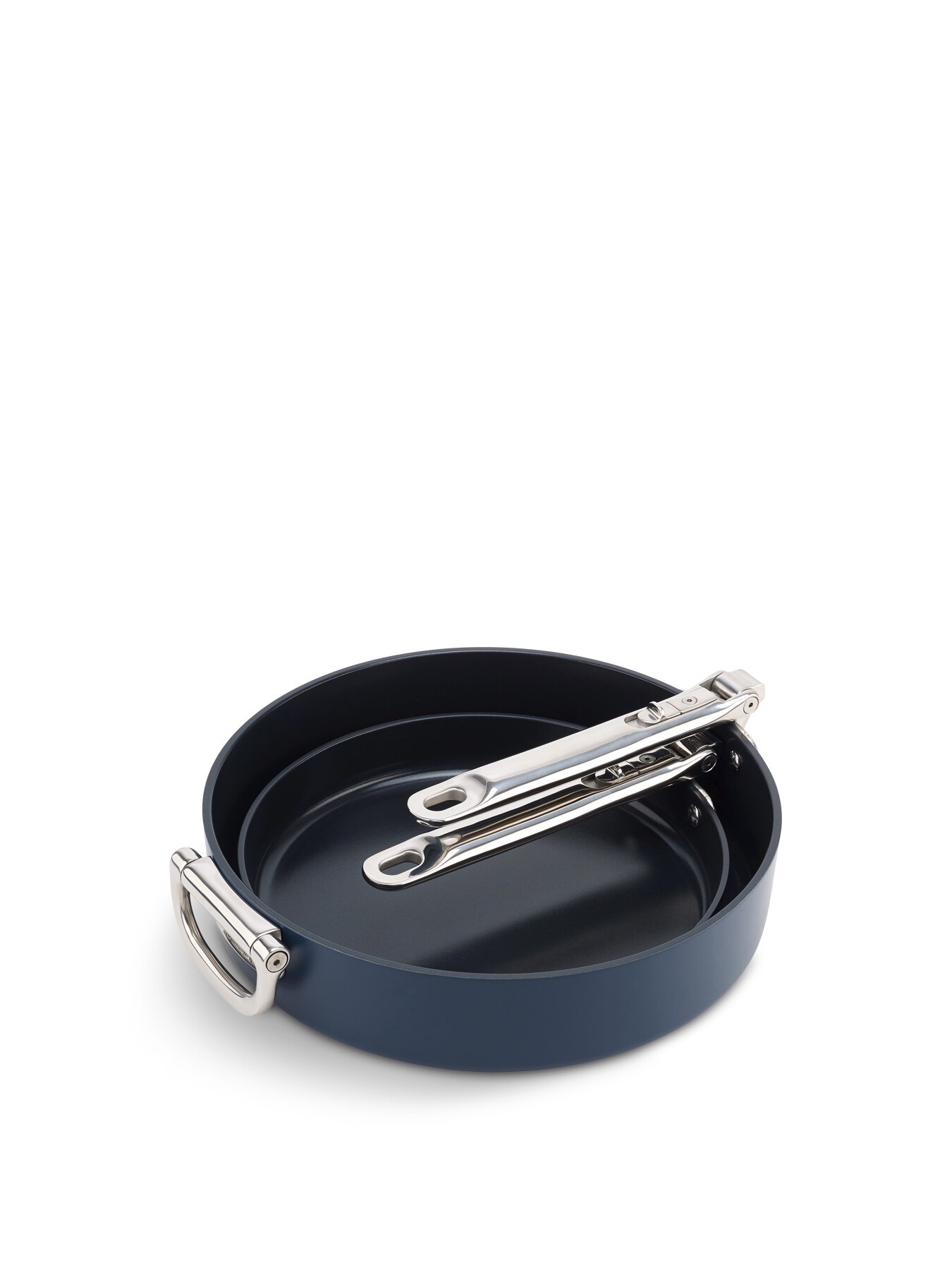 Blue non-stick frying pan set with two pieces, featuring a sleek design and stainless steel handles for easy handling and storage.