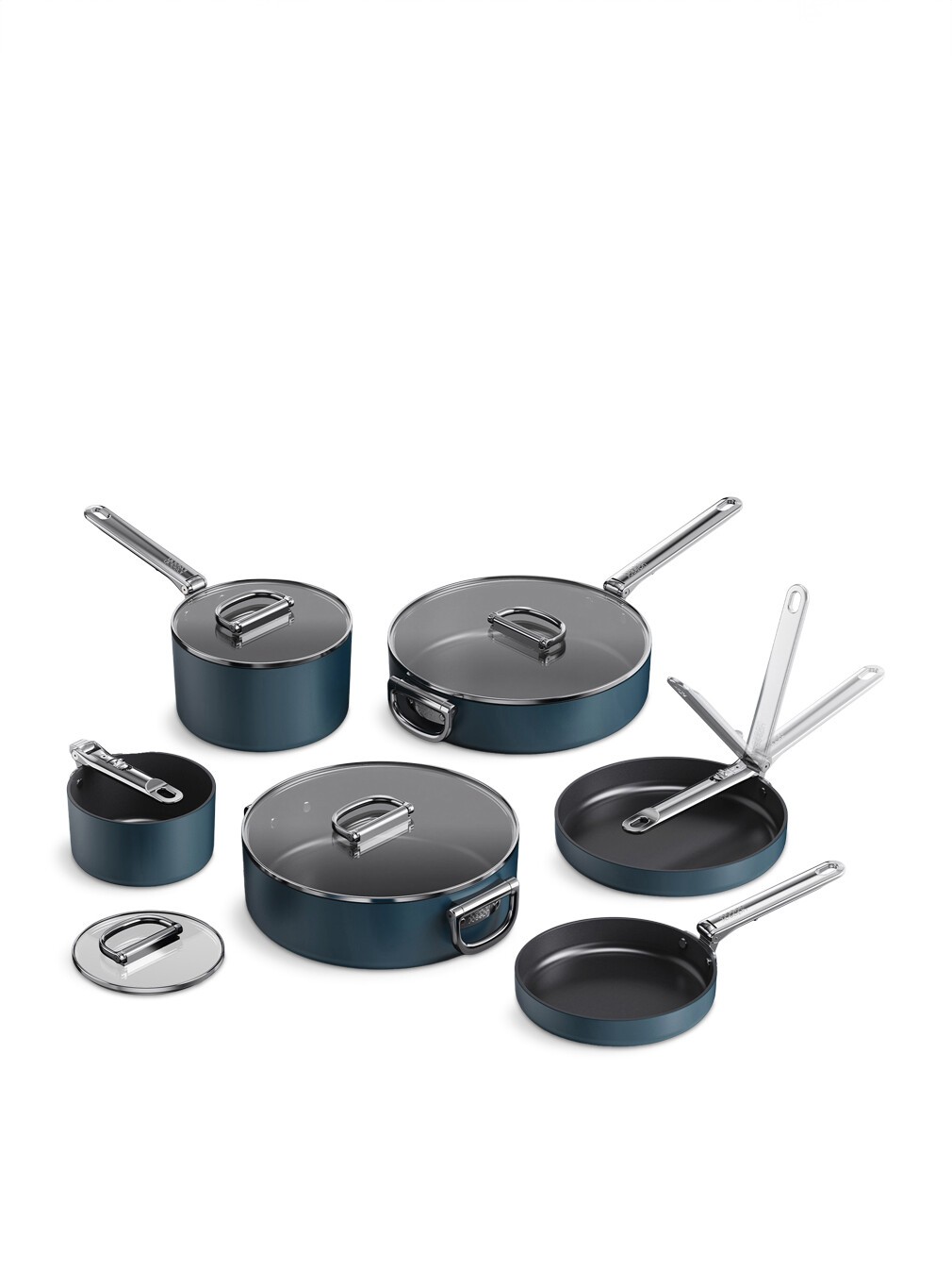 Non-stick cookware set featuring six pieces in a sleek dark blue finish, with stainless steel handles and glass lids for easy viewing.
