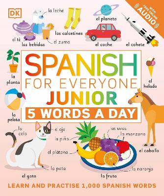 Colorful book cover featuring the title "Spanish for Everyone Junior" with illustrations of animals, fruits, and everyday objects, emphasizing vocabulary learning for children.
