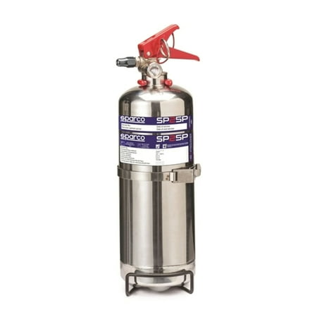 Sparco 2-liter handheld steel fire extinguisher with a shiny silver body, red plastic handle, and a mounting bracket, featuring clear labeling for AFFF usage.