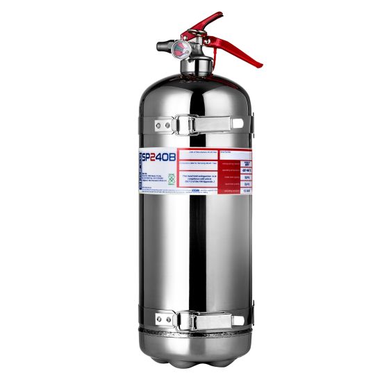 Sparco 2.4 Litre AFFF hand-held fire extinguisher with a shiny chrome finish, red plastic handle, pressure gauge, and clear labeling on the body.